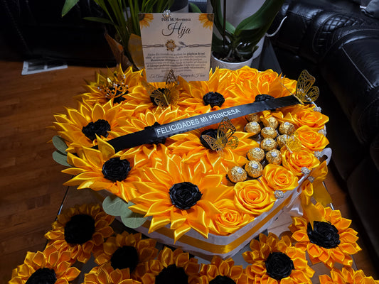 Cajita de corazón de girasoles, rosas y chocolates